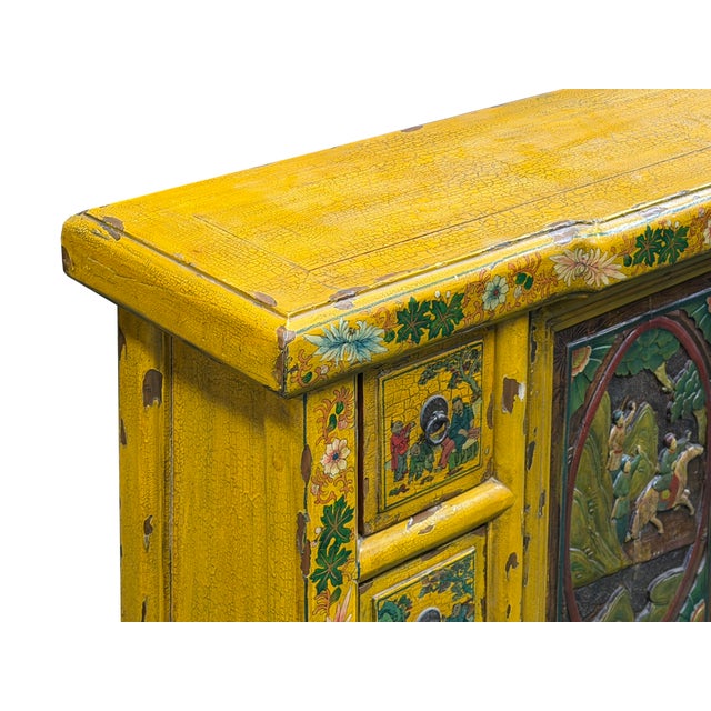 Vintage Chinese Yellow Lacquered Wood Credenza Sideboard Carved Scenic Panels For Sale - Image 16 of 18