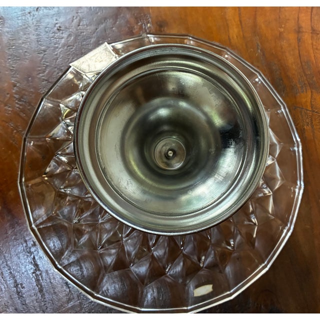 Metal Vintage Mid-Century Cut Crystal Footed Compote Bowl & Ornate Engraved Silver-Plated Butler’s Tray - 2-Piece Set For Sale - Image 7 of 8