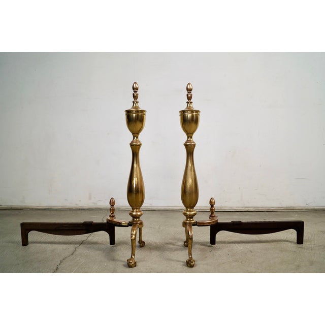 Bennett Co. 1930’s Solid Brass & Iron Andirons by Bennett - A Pair For Sale - Image 4 of 12