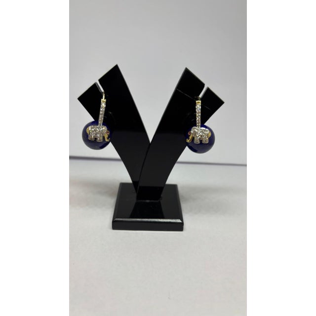 Modern Natural Ruby, Lapis & Diamond Earring in 14k Gold For Sale - Image 3 of 8