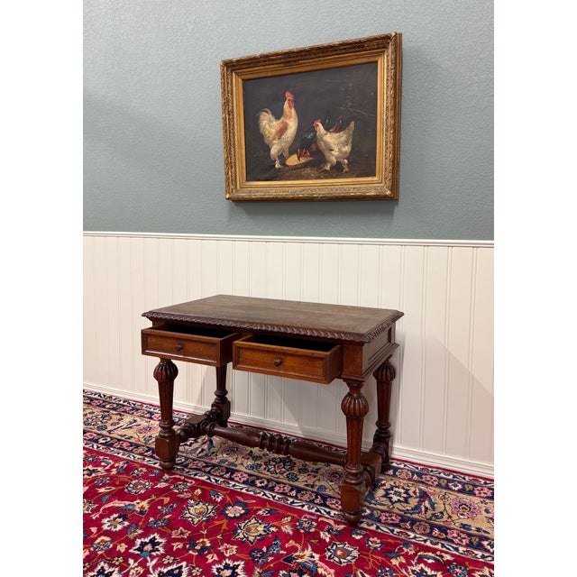 Antique French Henri II Style Writing Desk Table Drawers Oak C. 1930s For Sale - Image 9 of 18