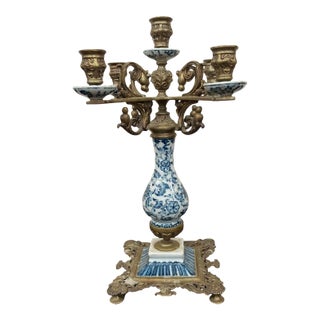 19th Century Sèvres-Style Brass Candelabra With Hand-Painted Blue & White Porcelain For Sale