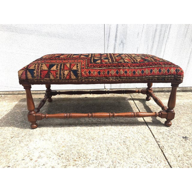 Turned Leg Wooden Bench Covered With Antique Belochistan Oriental Prayer Rug For Sale - Image 12 of 13