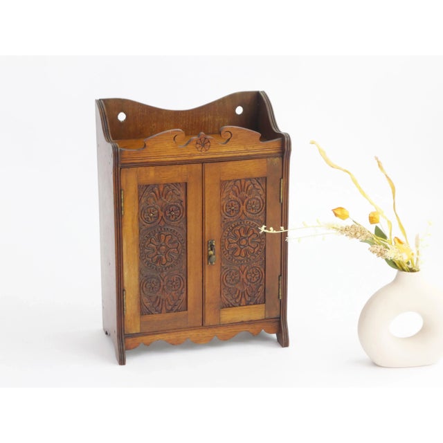 Brown Small Antique Carved Wooden Wall Cabinet with Floral Details, 1920s For Sale - Image 8 of 8