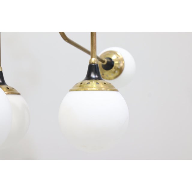 Metal Chandelier with 18 Lights in Brass and Opal Glass by Stilnovo, Italy, 1959 For Sale - Image 7 of 15