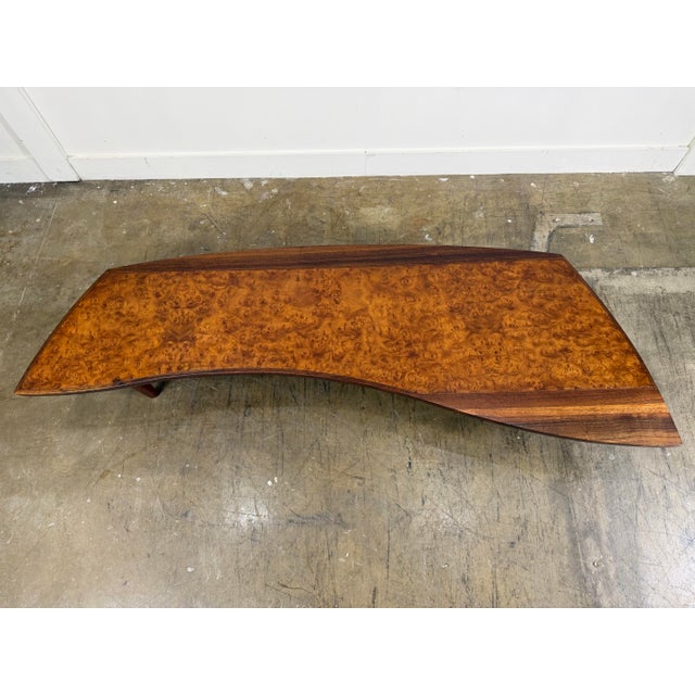 George Nakashima "Sundra" Cocktail table for the Widdicomb "Origins" line, circa 1950s. Model 200-84 in Carpathian Elm...