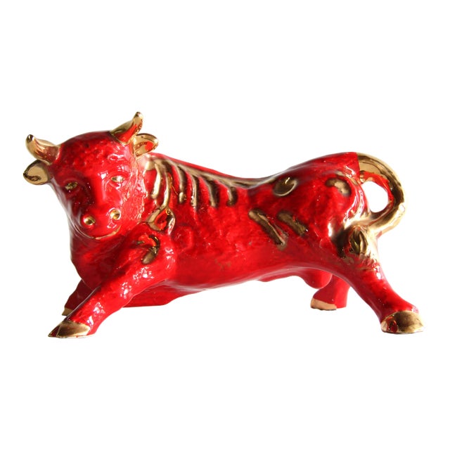 Vintage California Art Pottery Red & Gold Ceramic Bull Figure by Maurice For Sale