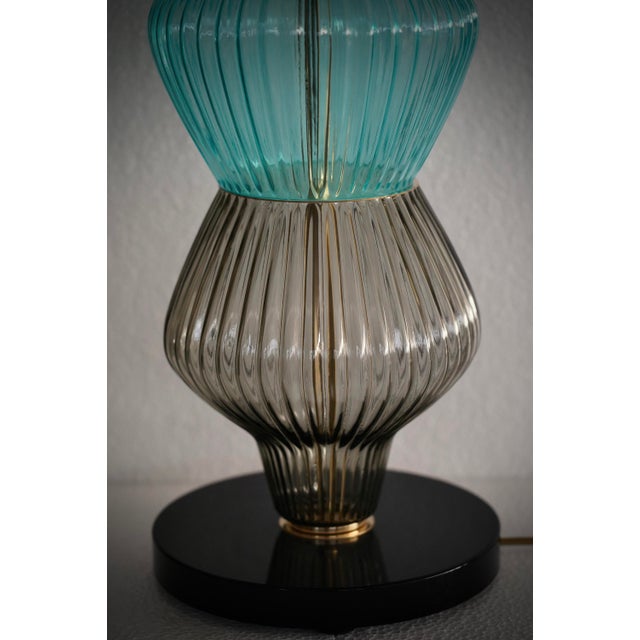2000 - 2009 Mid-Century Round Aqua Blue and Smoky Murano Art Glass and Brass Table Lamp, 2000 For Sale - Image 5 of 10