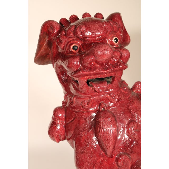 Pair of Large Maroon Color Foo Dogs For Sale - Image 9 of 10