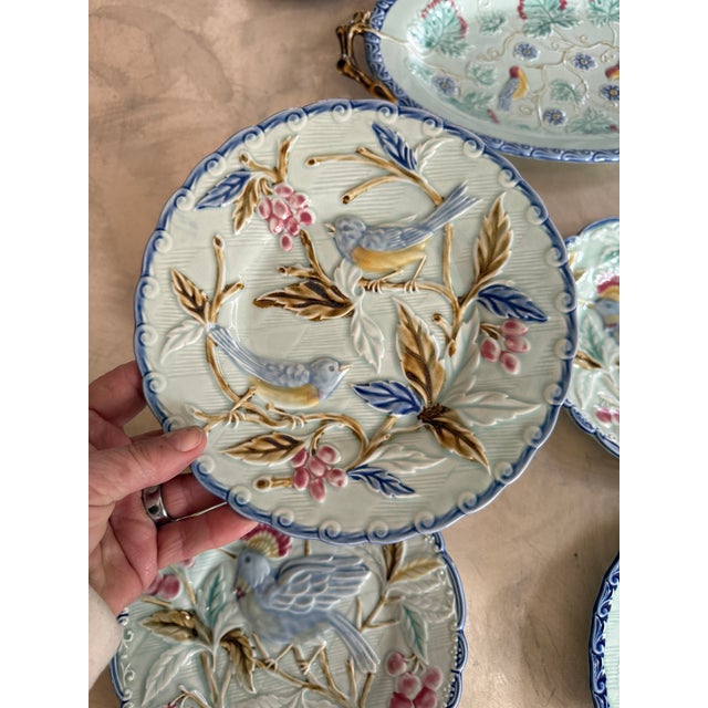 Ceramic Pottery Barn Blue Majolica Bird Plates Set - Set of 9 For Sale - Image 7 of 12