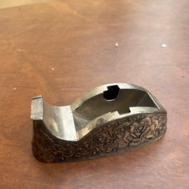 Metal 1970s Small Silver Etched Tape Dispenser With Floral Details For Sale - Image 7 of 10