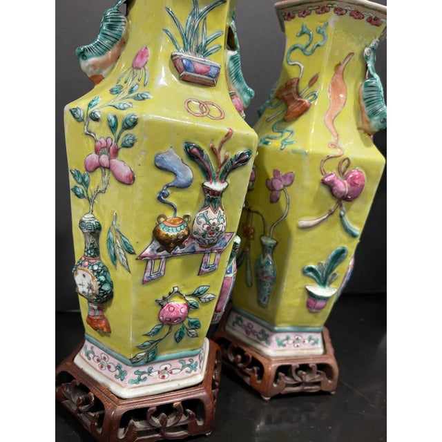 Pair of Chinese 19th Century Famille Rose High Relief Yellow Ground Porcelain Vases For Sale In Boston - Image 6 of 7