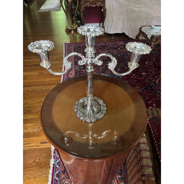 Silver Midcentury Sheffield Silverplate Heavy 3 Arm Candelabra Made in Italy For Sale - Image 8 of 13