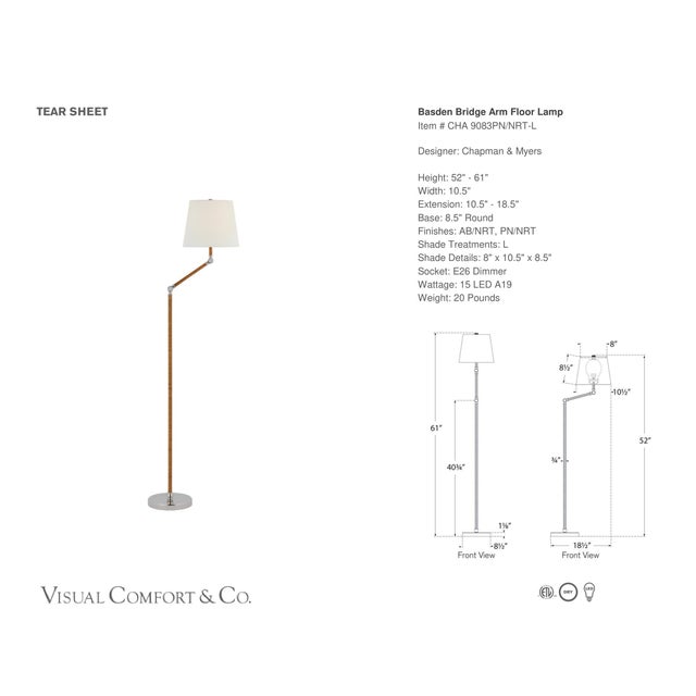 Chapman & Myers by Visual Comfort Signature Basden Bridge Arm Floor Lamp in Polished Nickel and Natural Rattan with Linen...