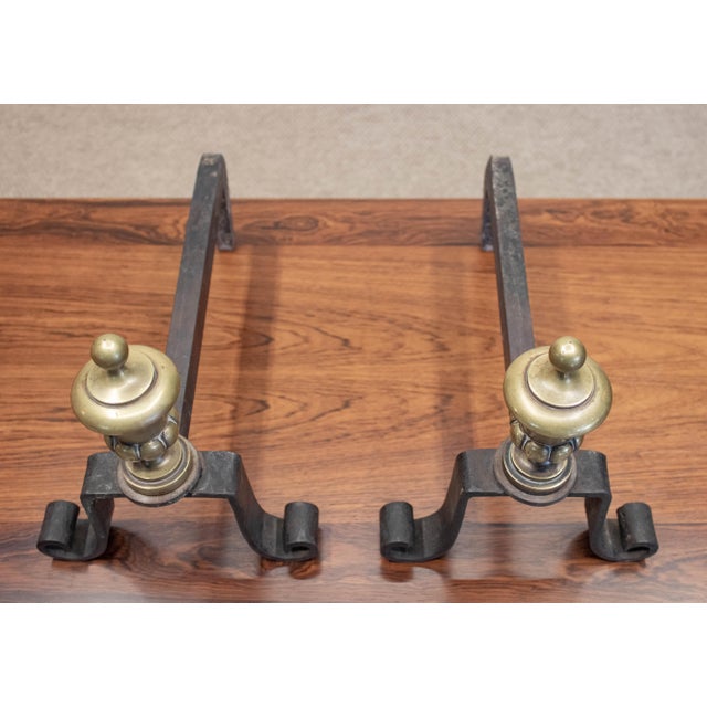 Wrought Iron Andirons with Brass Urns, France, 1920s, Set of 2 For Sale - Image 3 of 7