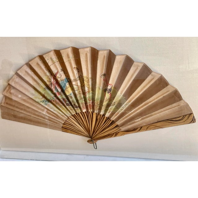 Antique 18th C Handpainted Rice Paper Scenic Fan in Lucite Hanging Case For Sale - Image 4 of 9