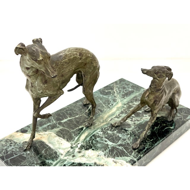 Art Deco Antique Greyhound Whippet Sculpture in Aged Bronze and Serpentine / Verde Marble Base For Sale - Image 3 of 13