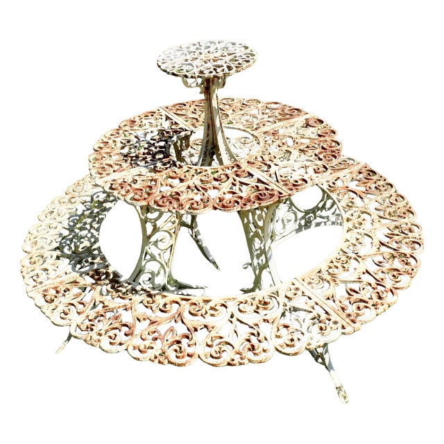 Round Three-Tier Weathered Cast Iron Plant Stand For Sale