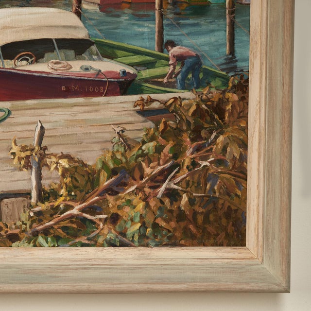 Textile Vintage Painting of a Tropical Boat Dock For Sale - Image 7 of 9