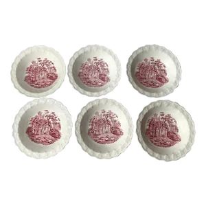 1970s Taylor, Smith Pink Castle Dark Pink English Scenes, Garland Shape Rim Fruit Bowl - Set of 6