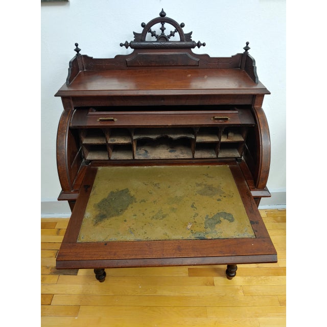 Antique 19th Century Mahogany Renaissance Revival Banker's Cylinder Secretary Desk For Sale - Image 9 of 13