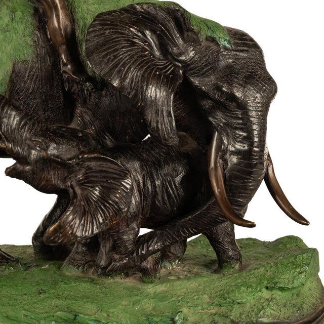 Antique Cast Bronze Elephant Hunt Scene With Lion Antonio Amorgasti Belgium 1925 For Sale - Image 14 of 15