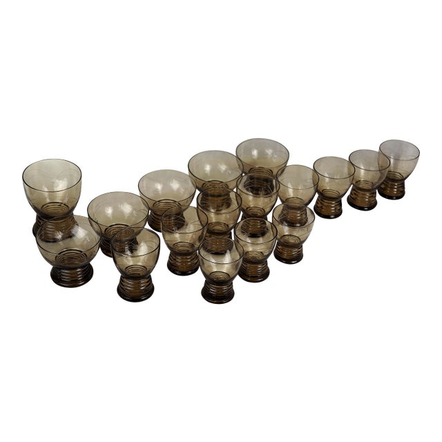 1970s French Smoked Blown Engraved Glasses- Set of 17 For Sale
