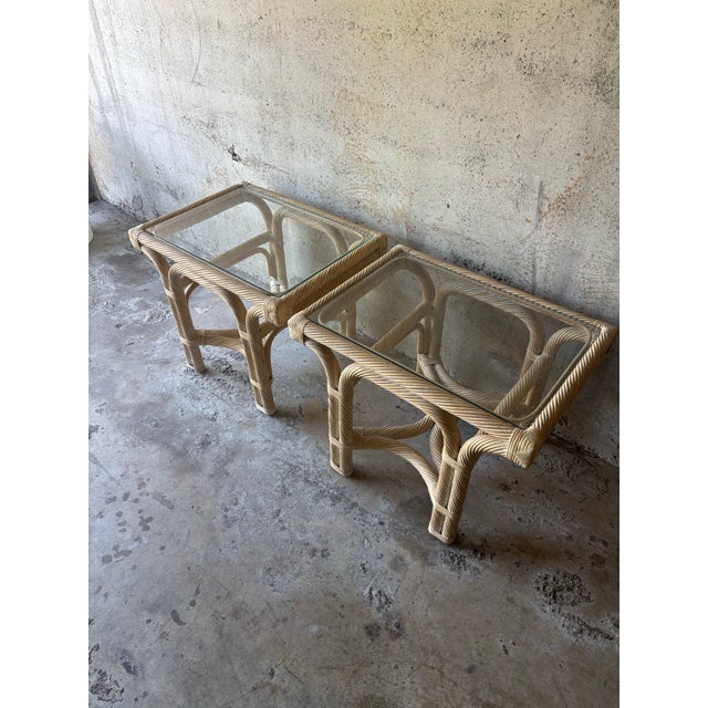 McGuire Vintage Coastal Rattan and Glass End Tables - Pair For Sale - Image 4 of 8