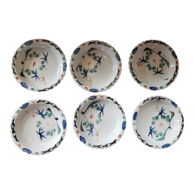 Set of 6 Circa 1920 Japanese Kakiemon Porcelain Floral/Bird Motif Scalloped Edge Sauce Dishes For Sale