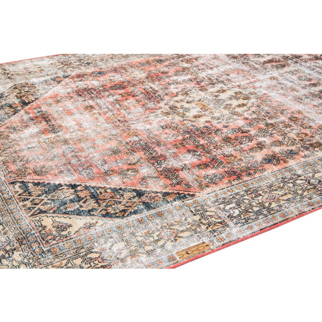 1960s Vintage Distressed Handmade Medallion Peach Wool Rug For Sale - Image 5 of 8