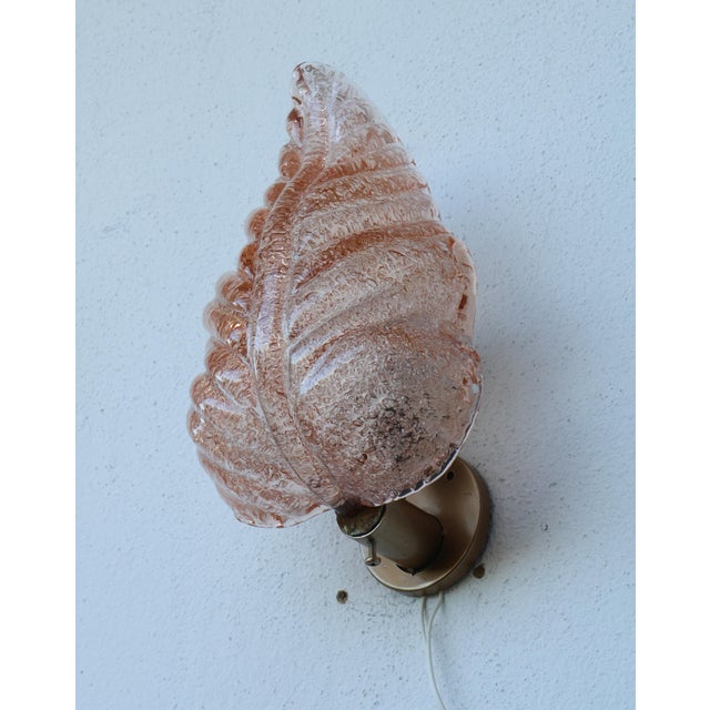 Glass Set of 2 Wall Light Pink Colour Murano Glass Leave by Barovier E Toso, 1950s For Sale - Image 7 of 14