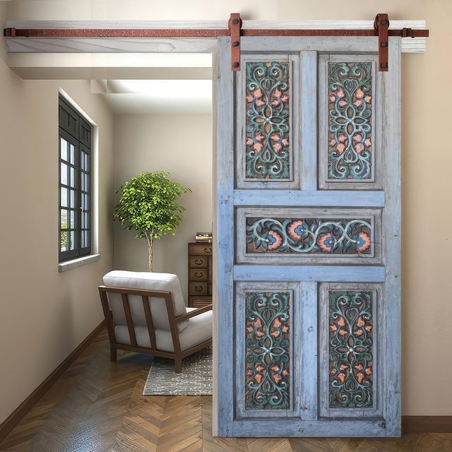 Mediterranean Hand-Carved Door in Distressed Blue With Ornate Floral Panels Custom Size Interior/Exterior For Sale - Image 16 of 18