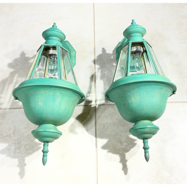 Pair Vintage Solid Brass Verdigris Carriage Lanterns-Traditional Colonial Style For Sale - Image 11 of 16