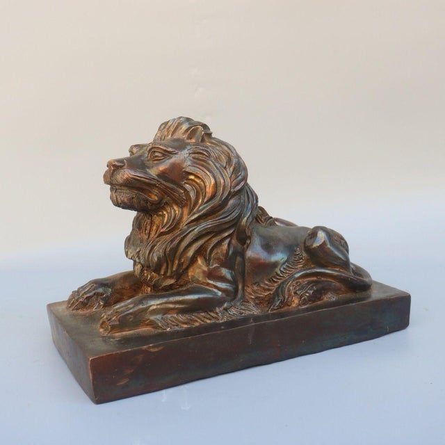 Pair of Antique Brass Recumbent Lions – 11" Library Lions on Rectangular Plinths For Sale In Los Angeles - Image 6 of 10
