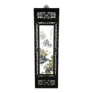 Traditional Chinese Carved Blackwood Wall Hanging Plaque Panel With Hand Painted Mountain Landscape on Porcelain (Shan Soi) , Signed