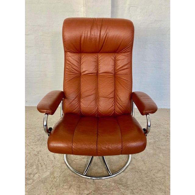 1960s Vintage Cognac Leather Ekornes Stressless Reclining Lounge Chair & Stool 1960,s For Sale - Image 5 of 18