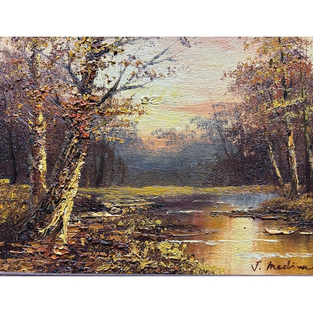 Vintage Autumn Woodland Landscape Oil Painting in Wood Frame 8 X 10” For Sale - Image 4 of 7
