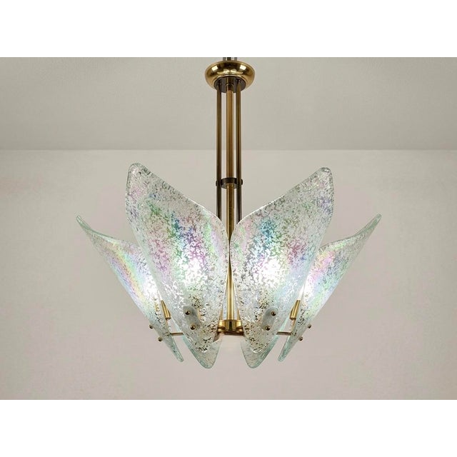 Vintage Murano Glass & Brass Chandelier With Iridescent Petal Shades, Italy 1970s For Sale - Image 4 of 5