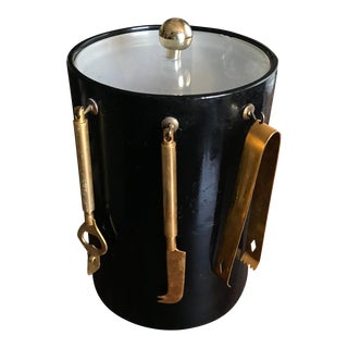Mid 20th Century Georges Briard Signed Ice Bucket Black and Gold With Bar Utensils- 5 Pieces For Sale
