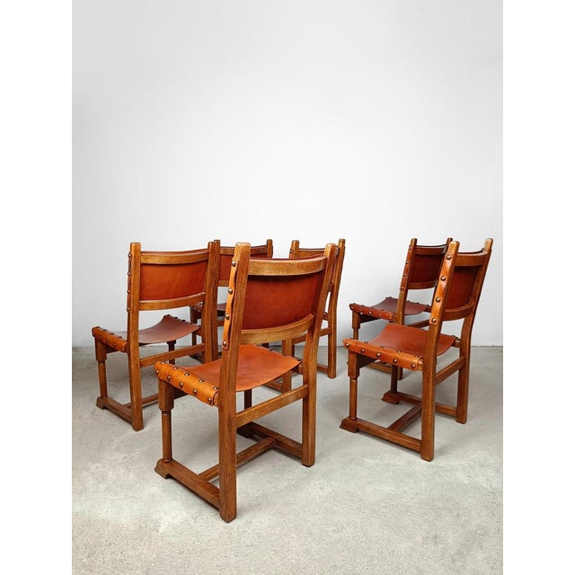 Set of Italian Rustic Chairs in Cognac Studded Leather and Oak, 1930s For Sale - Image 9 of 18