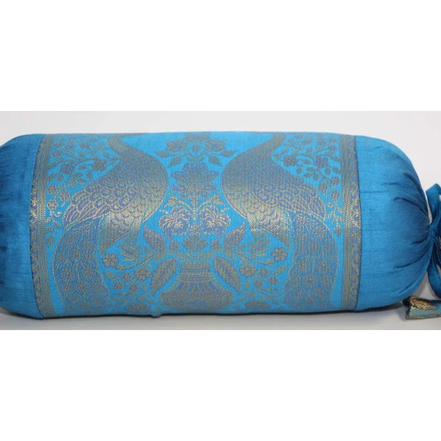 Bolster Pillows Turquoise Blue and Gold Colors with Peacock - A Pair For Sale - Image 12 of 13