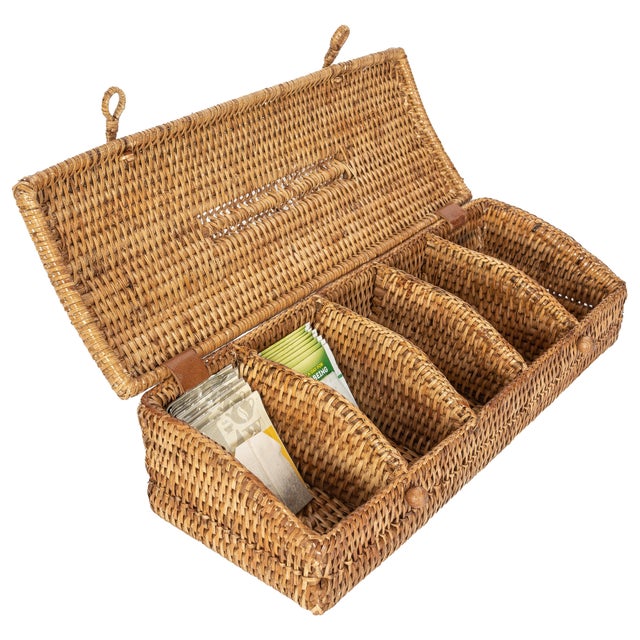 Boho Chic Artifacts Rattan 5 Section Tea Box with Lid in Brown For Sale - Image 3 of 4