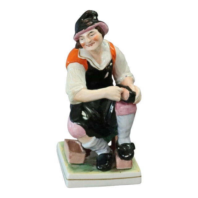Antique English Staffordshire Hand Painted Figural Porcelain Cobbler For Sale