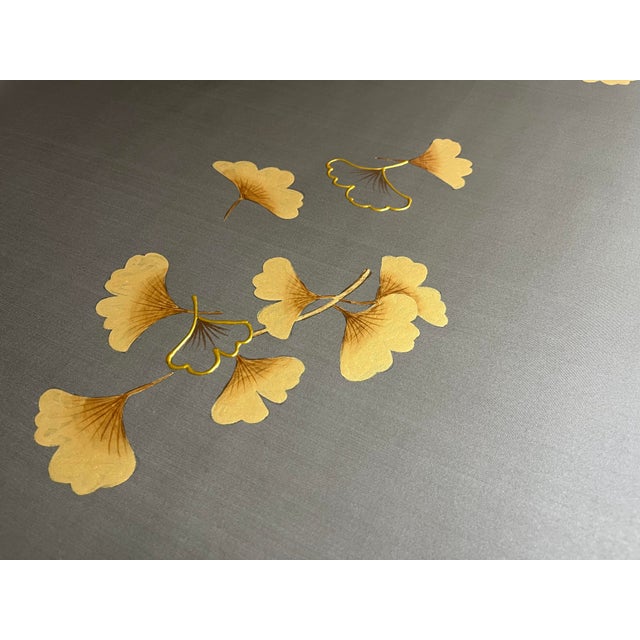 Chinese Grey & Gold Hand-Painted Ginkgo Leaf Mural | Luxury Silk Wall Decor For Sale - Image 3 of 3