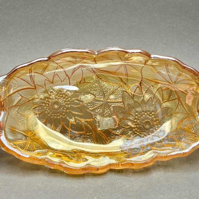 1950s Vintage Indiana Glass “Lily Pons Sunflower” Marigold Carnival Glass Relish Dish With Handles For Sale - Image 5 of 9