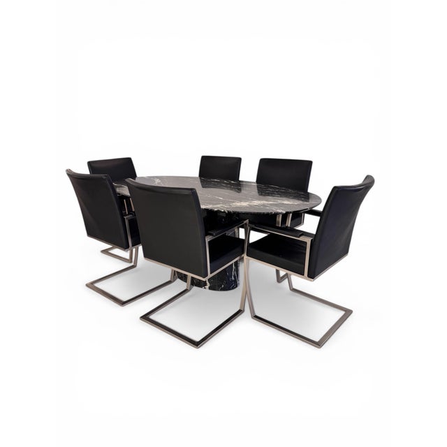 Italian Black Marble Dining Suite with Leather, 1980s, Set of 7 For Sale - Image 10 of 10