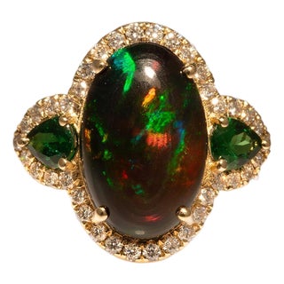 3.8Ct Black Opal Ring With Natural Diamond & Tsavorite Accents: Solid 14k Gold, Size 6.75 For Sale