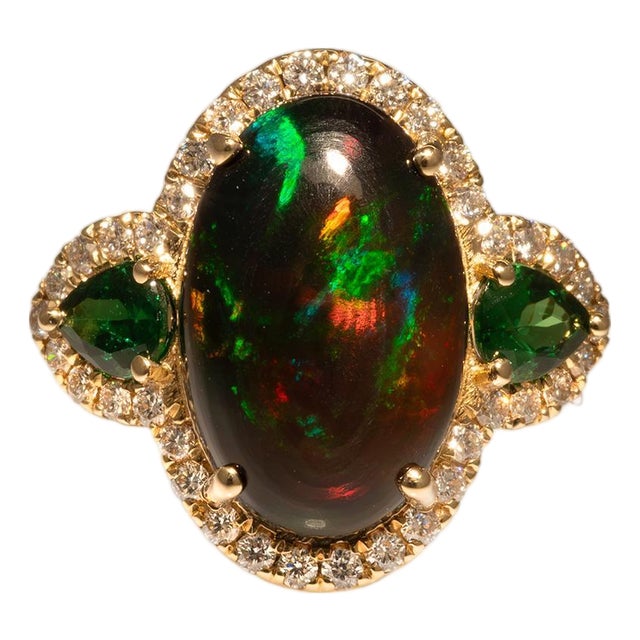 3.8Ct Black Opal Ring With Natural Diamond & Tsavorite Accents: Solid 14k Gold, Size 6.75 For Sale