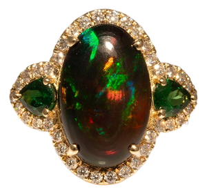 3.8Ct Black Opal Ring With Natural Diamond & Tsavorite Accents: Solid 14k Gold, Size 6.75