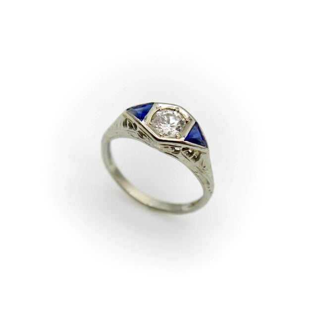 Art Deco Art Deco 14k White Gold Diamond and Sapphire Ring, Size 4.5 For Sale - Image 3 of 10